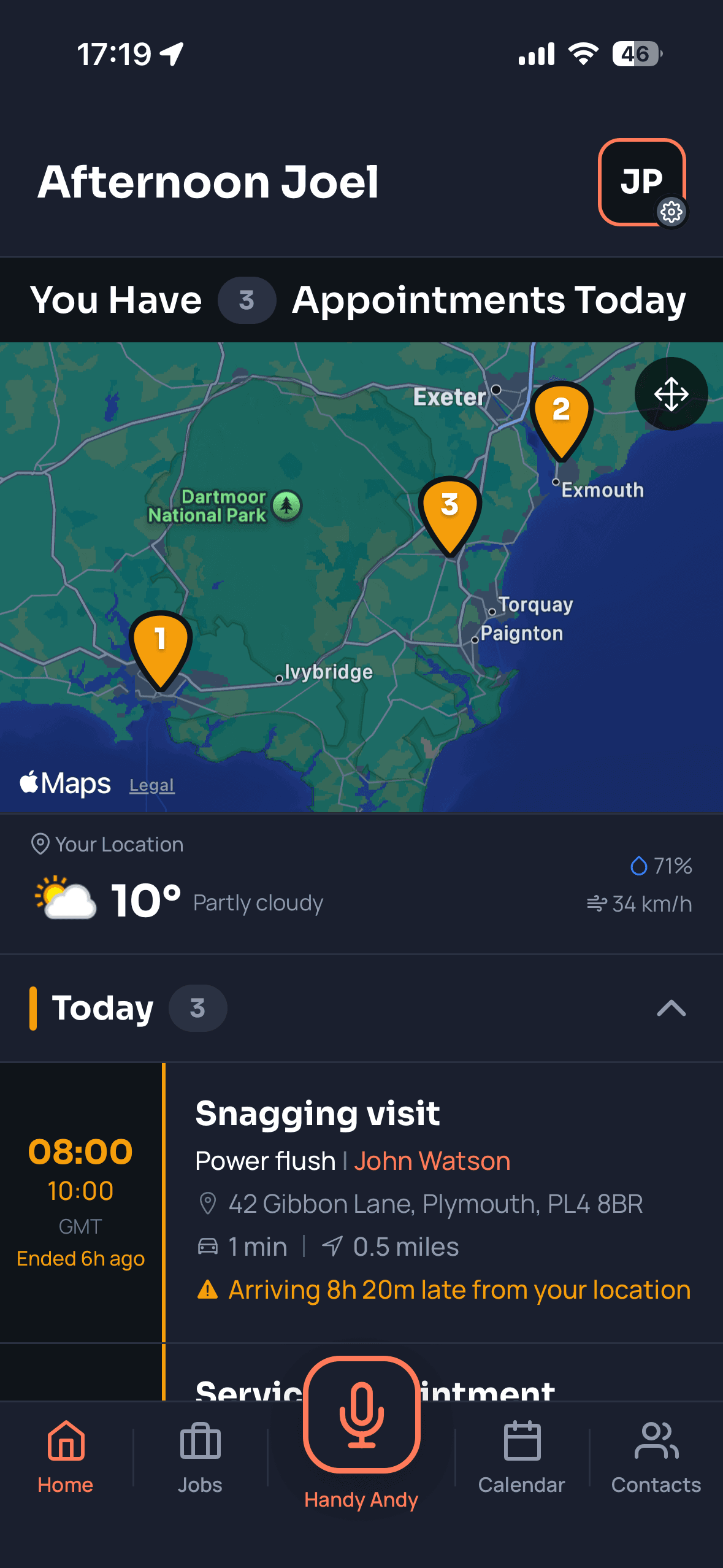 Home dashboard with appointments plotted on a map